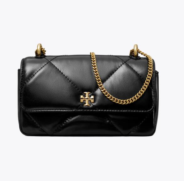 颜色: 黑色, Tory Burch | 汤丽柏琦女款Kira 菱格形绗缝迷你翻盖肩背斜挎包 （香港仓发货）