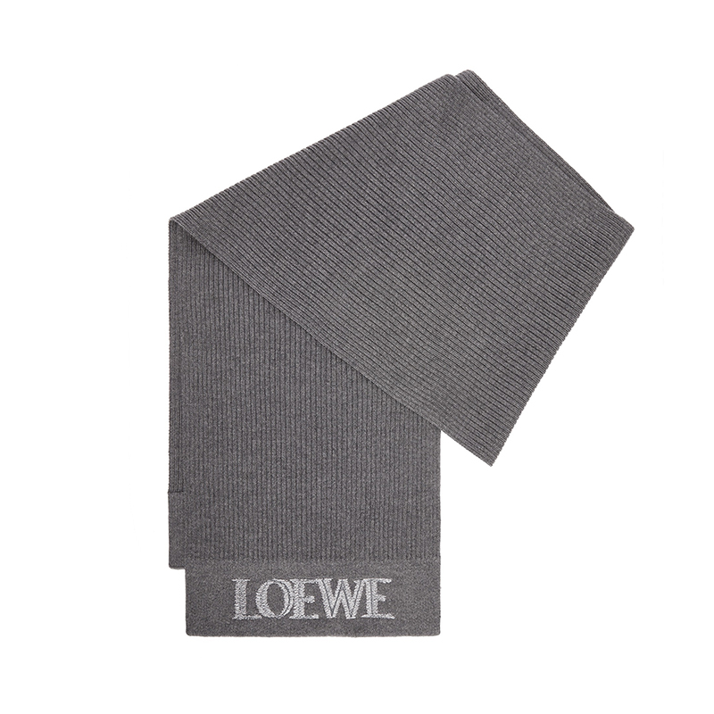 Loewe | 罗意威23新款 男女通用羊毛针织纹标志刺绣围巾, 颜色深灰色