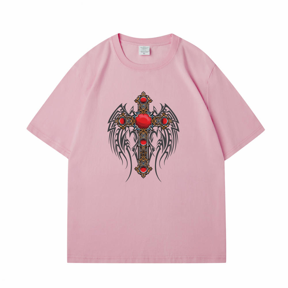 颜色: A-86粉色, EUHERTZ | 美式潮牌短袖t恤男纯棉大码宽松休闲夏季凉感