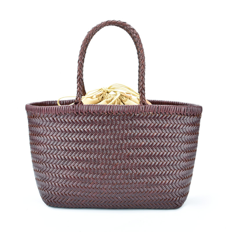 YeeCollene | 2023爆款欧美复古编织包真皮法式菜篮子包, 颜色咖啡