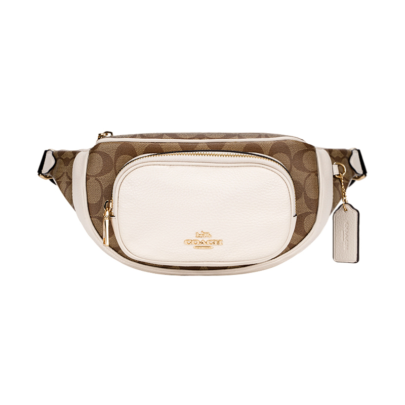 color 卡其色配白色, Coach | 蔻驰新款女士拼接拉链小号腰包胸包