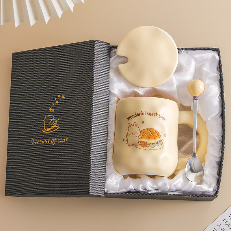 商品第4个颜色 汉堡兔-大耳杯（黑礼盒装）, YeeCollene | 可爱奶fufu杯子面包马克杯带盖勺ins风女生陶瓷咖啡早餐杯办公室