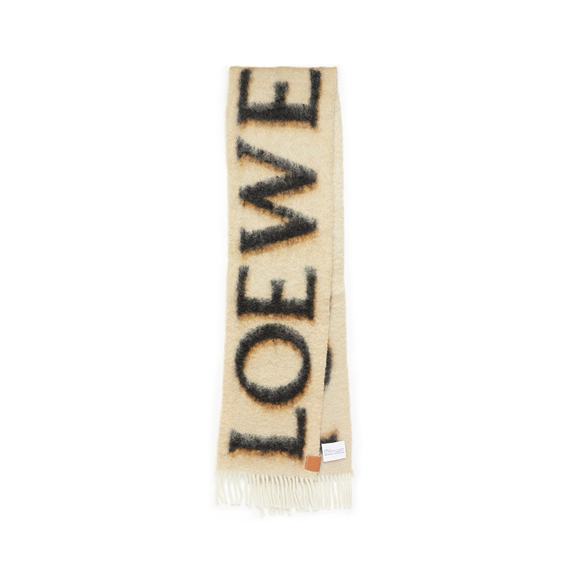Loewe | 罗意威 男女通用马海毛羊毛标志印花流苏边围巾, 颜色米色