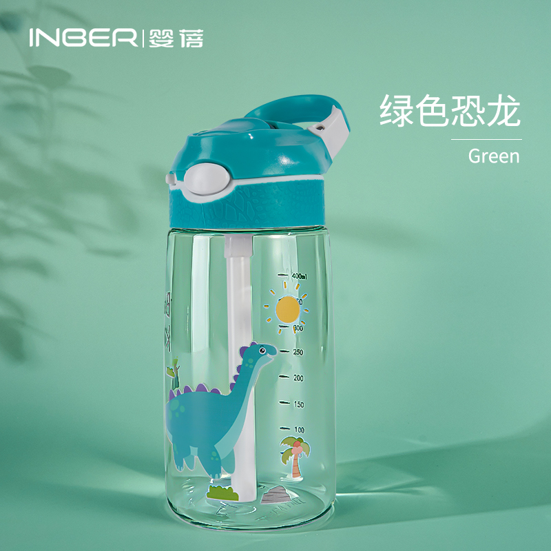 颜色: 绿色恐龙, INBER | 婴蓓INBER 儿童Tritan高透鸭嘴吸管杯400ml
