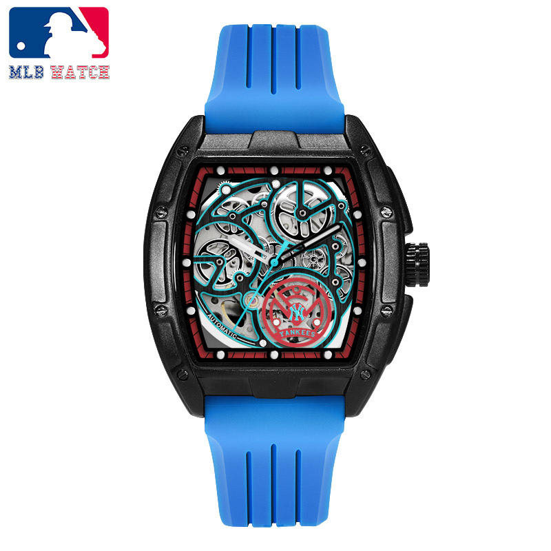 商品第3个颜色蓝色, MLB | 2022新款 MLB美职棒 潮牌硅胶手表 镂空全自动机械男士手表 防水学生情侣手表NY618