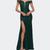 颜色: Green, La Femme | Lace Off the Shoulder Gown with Deep V Neckline
