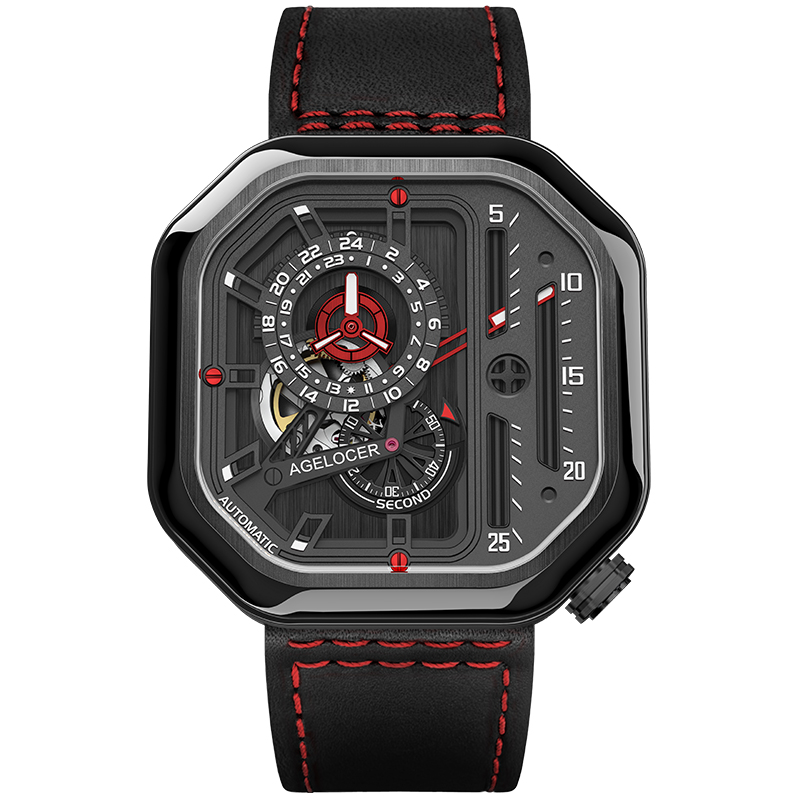 商品第4个颜色红黑, AGELOCER | 艾戈勒官方Z全自动机械表镂空方形手表男士正品中国潮流时尚