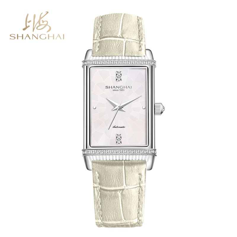 商品SHANGHAI WATCH | 大都会系列镜耀 单层镶石 自动上链机械女士腕表颜色银白-白表带 