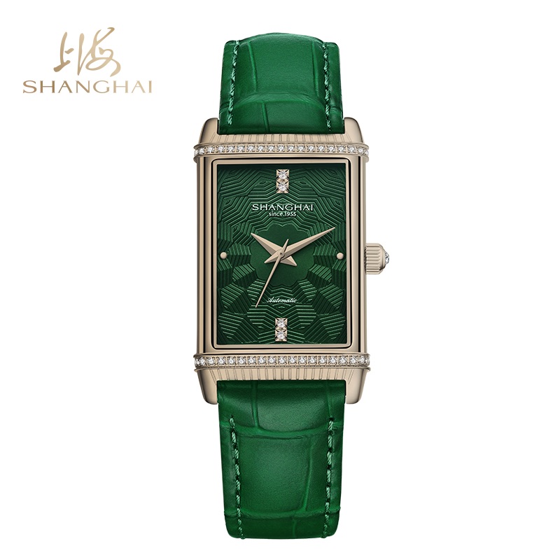 商品SHANGHAI WATCH | 大都会系列镜耀 单层镶石 自动上链机械女士腕表颜色玫瑰金-绿表带 