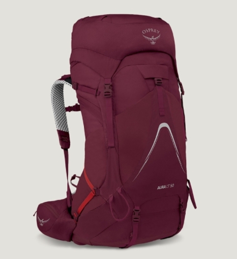 颜色: 深红色, Osprey | 光环50L/65L AURA AG  登山包女户外徒步大容量双肩包（香港仓发货）