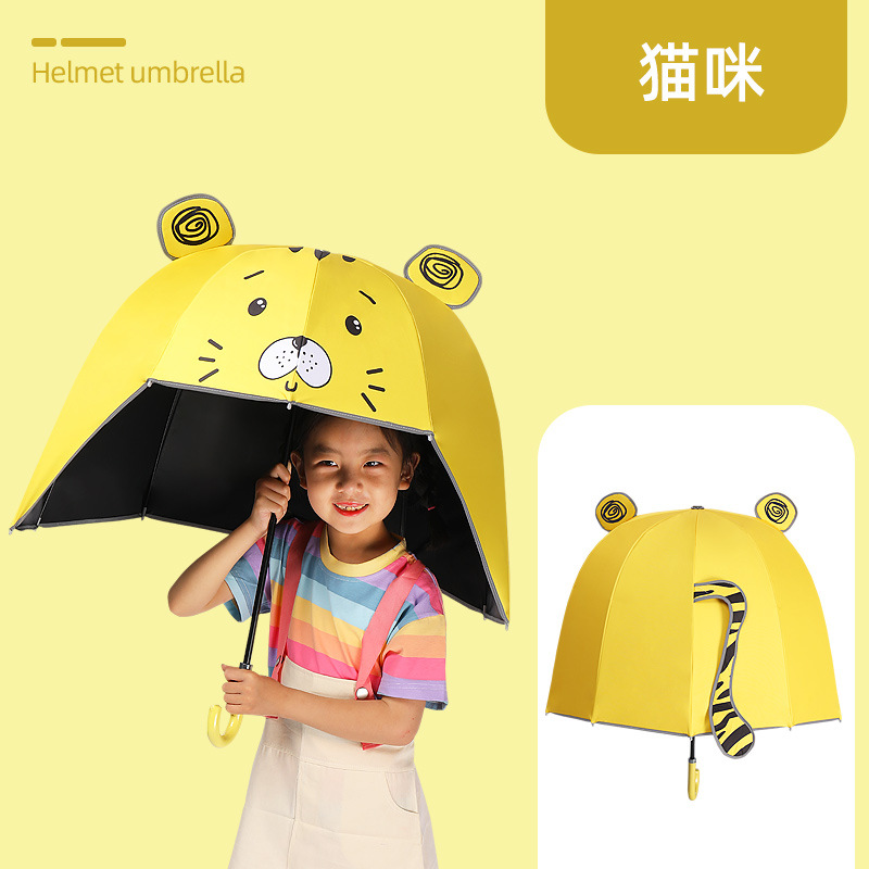 颜色:  头盔伞猫咪, GLENVINTEN | 创意安全反光条小学生儿童雨伞黑胶遮阳防晒幼儿园户外帽子头盔伞