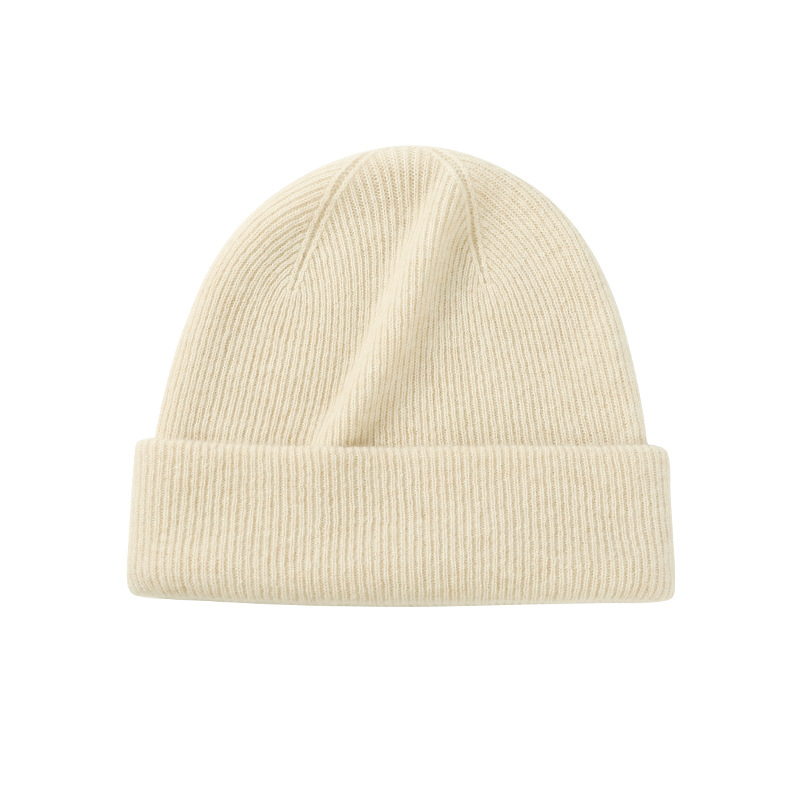 CACUSS | 秋冬针织帽女纯色简约保暖毛线帽羊绒混纺时尚堆堆帽显脸小包头帽, 颜色米色