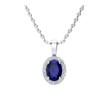1 1/4 Carat Oval Shape Sapphire And Halo Diamond Necklace In Sterling Silver With 18 Inch Chain
