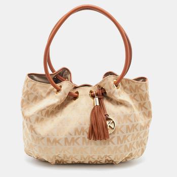 推荐MICHAEL Michael Kors Cream/Brown Signature Canvas Ring Handle Shoulder Bag商品