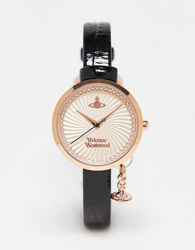 推荐Vivienne Westwood Bow watch with orb charm in black and gold商品