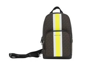 推荐Michael Kors Cooper Medium Signature PVC Varsity Stripe Commuter Slingpack Crossbody Bag (Brown Signature/Neon)商品