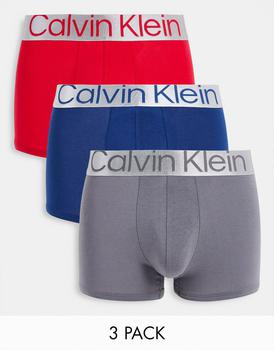 更多ck内裤男, Calvin Klein | Calvin Klein steel 3 pack cotton trunks in grey/red/blue商品图片 
