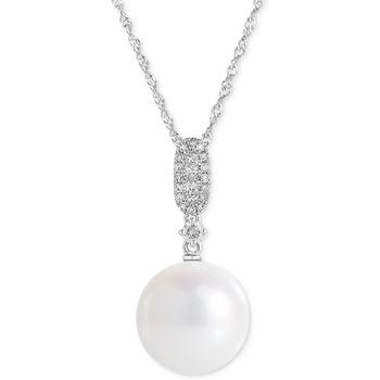 商品Macy's | Cultured Freshwater Pearl (10mm) & Diamond (1/6 ct. t.w.) Pendant Necklace in 14k White Gold, 16" + 2" extender,商家Macy's,价格¥4075图片
