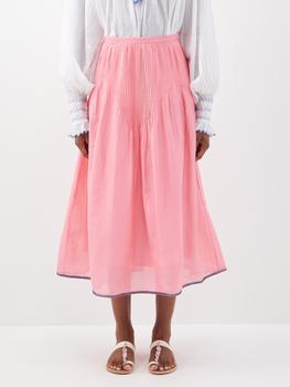 Thierry Colson | Verde pintucked cotton midi skirt商品图片,额外7折, 额外七折