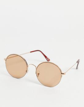 ASOS | ASOS DESIGN 70s round sunglasses in gold with light brown lens商品图片,额外9.5折, 额外九五折