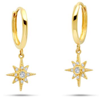 推荐14KY Created White Sapphire Star Burst Huggie Hoop Earrings商品