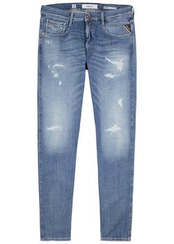 推荐Bronny Re-Used blue distressed slim-leg jeans商品