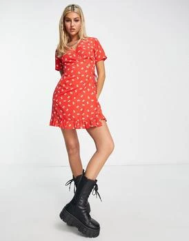 Daisy Street | Daisy Street wrap front short sleeve mini dress in red ditsy 7.6折