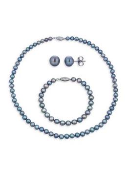 BELPEARL | Sterling Silver & 7-8MM Gray Cultured Pearl 3-Piece Necklace, Bracelet & Earrings Set商品图片,5折