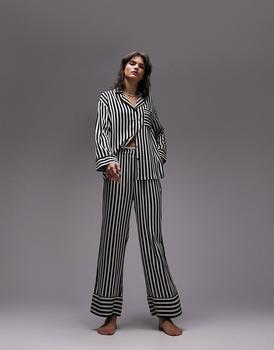 Topshop | Topshop stripe piped shirt and trouser pyjama set in monochrome商品图片,