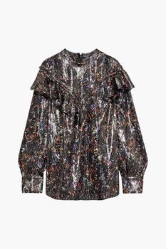 IRO | Meysam ruffled printed metallic silk-blend blouse商品图片,3折