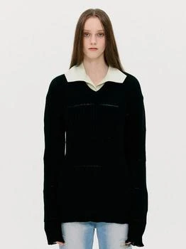推荐Ribbed Block V Neck Sweater (Black)商品