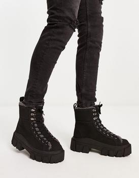 ASOS | ASOS DESIGN chunky lace up boot in black faux suede with faux borg lining商品图片,7.5折