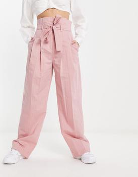 推荐ASOS DESIGN stripe paperbag waist trouser in pink商品