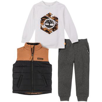 Timberland | Toddler Boys Color Block Puffer Vest, Logo T-shirt and Fleece Joggers, 3 Piece Set商品图片,