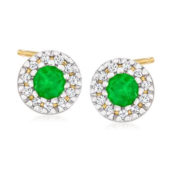 商品Ross-Simons Emerald Stud Earrings With Diamond Accents in 14kt Yellow Gold图片