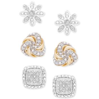 商品3-Pc. Diamond Stud Earrings Set (1/4 ct. t.w.) in Sterling Silver & 14k Gold-Plate图片