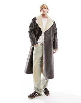 ASOS | ASOS DESIGN faux leather and shearling coat in brown,商家ASOS,价格¥506