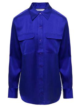 推荐Equipment Bright Blue Shirt With Patch Pockets With Flap In Silk Woman商品