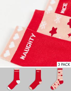 商品Threadbare | Threadbare 3 pack christmas naughty and nice socks in red and pink,商家ASOS,价格¥63图片