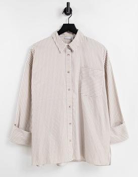 ASOS | ASOS DESIGN long sleeve oversized cotton dad shirt in tan and white stripe商品图片,8折
