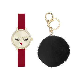 商品Jessica Carlyle | Women's Analog Red Strap Glam Watch 28mm with Black Fluff Ball Key Chain Cubic Zirconia Gift Set,商家Macy's,价格¥183图片