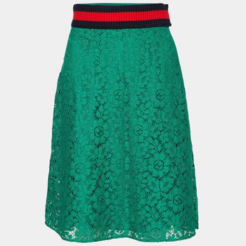 Gucci | Gucci Green Lace Ribbed Web Stripe Lace Skirt M商品图片,