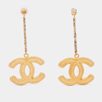 [二手商品] Chanel | Chanel Matte Gold Tone CC Drop Earrings商品图片,满$1200减$150, 满减