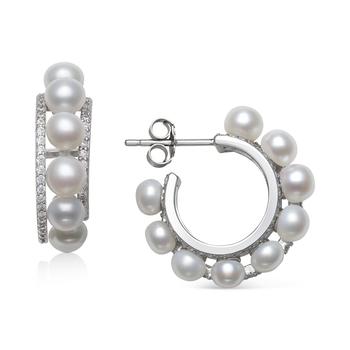 Belle de Mer | Cultured Freshwater Button Pearl (4mm) & Cubic Zirconia Small Hoop Earrings in Sterling Silver, Created for Macy's商品图片,2.5折
