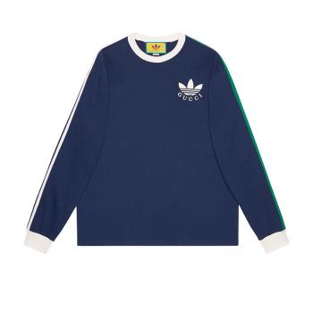 Gucci | 【预售3-7天】GUCCI/古驰 22年秋冬新款 adidas联名系列 男士深蓝色纯棉Logo印花长袖T恤‎700506XJEKO4622商品图片,8折, 包邮包税