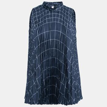 推荐Salvatore Ferragamo Navy Blue Printed Pleated Sleeveless Top M商品