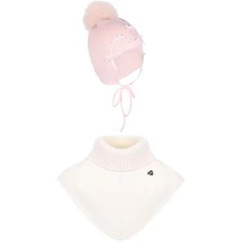 Il Trenino | White bows applique pink woolen hat and knitted cream neck warmer set,商家BAMBINIFASHION,价格¥1642