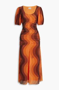 ganni连衣裙推荐, Ganni | Ruched printed stretch-mesh midi dress商品图片 4.9折