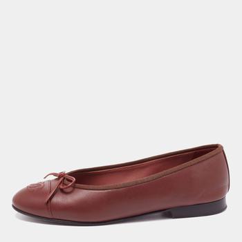 美国香奈儿鞋, [二手商品] Chanel | Chanel Brown Leather CC Bow Cap Toe Ballet Flats Size 36商品图片 满1件减$100, 满减