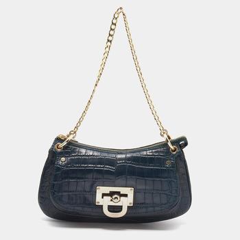 推荐Dkny Green Croc Embossed Leather Chain Shoulder Bag商品